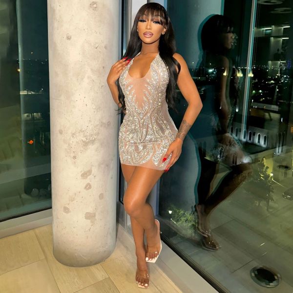 Women's sexy mesh hot diamond perspective nightclub dress