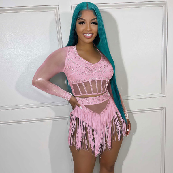 Sexy slim fitting tassel hot diamond mesh perspective two-piece set
