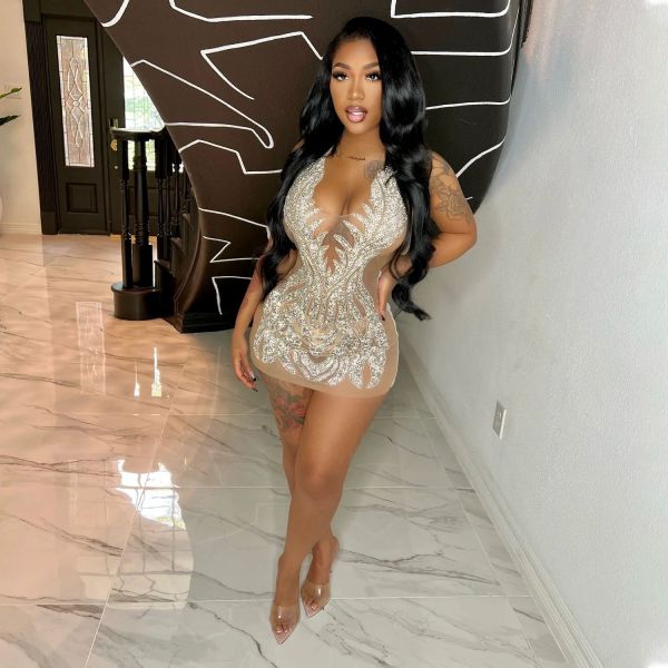 Women's sexy mesh hot diamond perspective nightclub dress