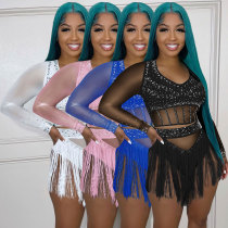 Sexy slim fitting tassel hot diamond mesh perspective two-piece set Sexy slim fitting tassel hot diamond mesh perspective two-piece set