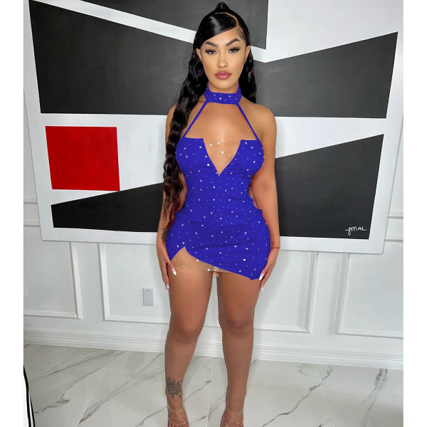 Women's sexy tight fitting neck hanging hot diamond dress short skirt