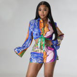 Women's comfortable casual printed long sleeved shorts, women's two-piece set