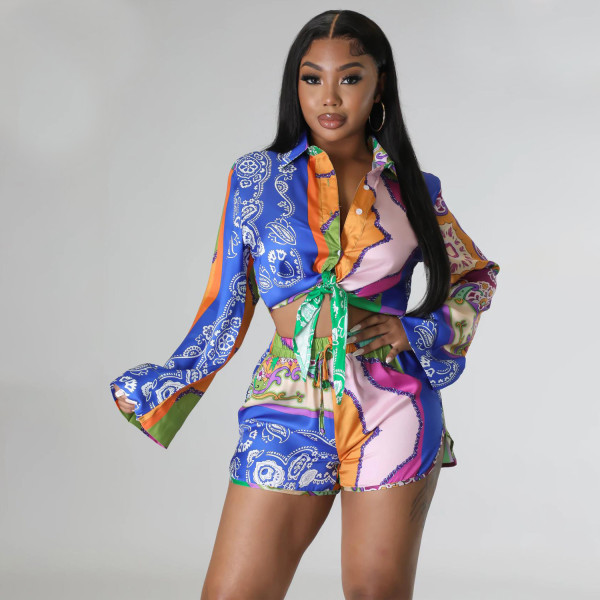 Women's comfortable casual printed long sleeved shorts, women's two-piece set