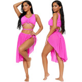Solid color three piece set bikini+over skirt