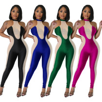 Hanging neck, backless mesh panel, contrasting color tight, hip lifting jumpsuit without sleeves