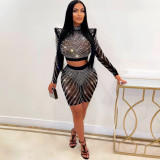 Women's Sexy Tight Mesh Perspective Long Sleeve Hot Diamond Two Piece Pant Set