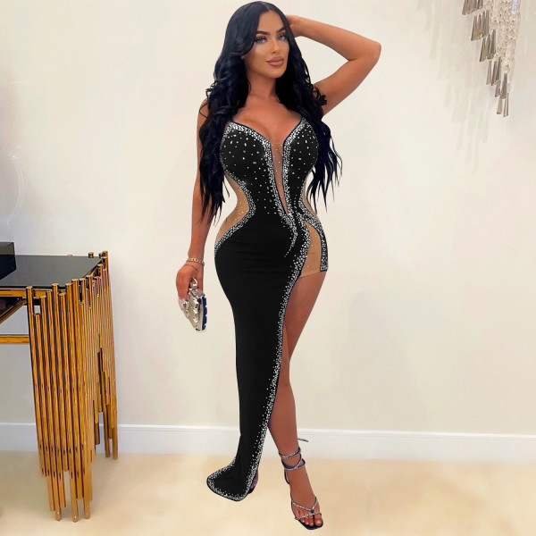 Women's Fashion Sexy Mesh Hot Diamond Irregular Strap Women's Dress