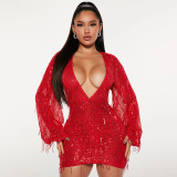 Women's sexy V-neck beaded fringe dress short skirt