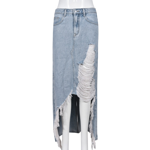 Fashionable and Personalized Denim Wash Pocket Split Tassel Skirt