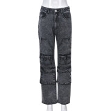 Multi Pocket Elastic Mid Waist Washable Hollow Straight Leg Denim