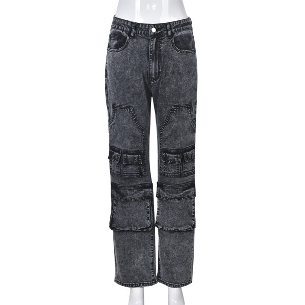 Multi Pocket Elastic Mid Waist Washable Hollow Straight Leg Denim