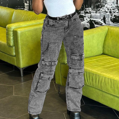 Multi Pocket Elastic Mid Waist Washable Hollow Straight Leg Denim