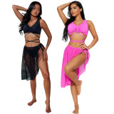 Solid color three piece set bikini+over skirt