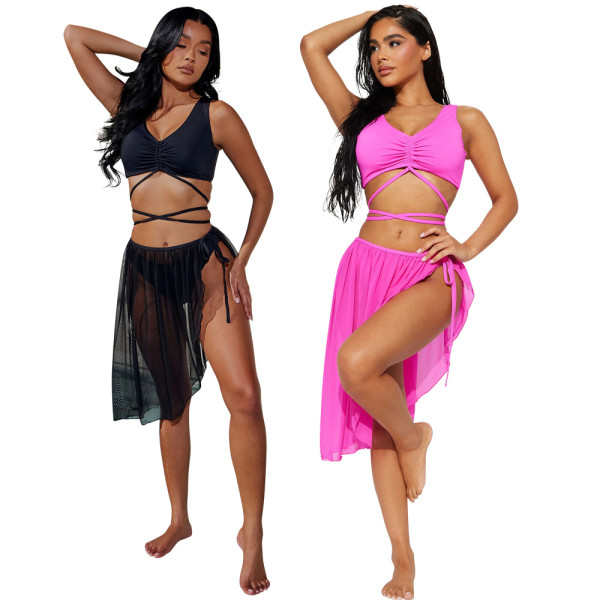 Solid color three piece set bikini+over skirt