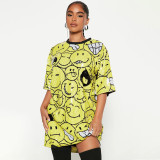 Round neck half sleeve loose beaded printed dress for women's party sequins