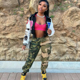 Trendy camouflage new product contrast color personalized patch pocket leggings