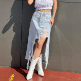Fashionable and Personalized Denim Wash Pocket Split Tassel Skirt