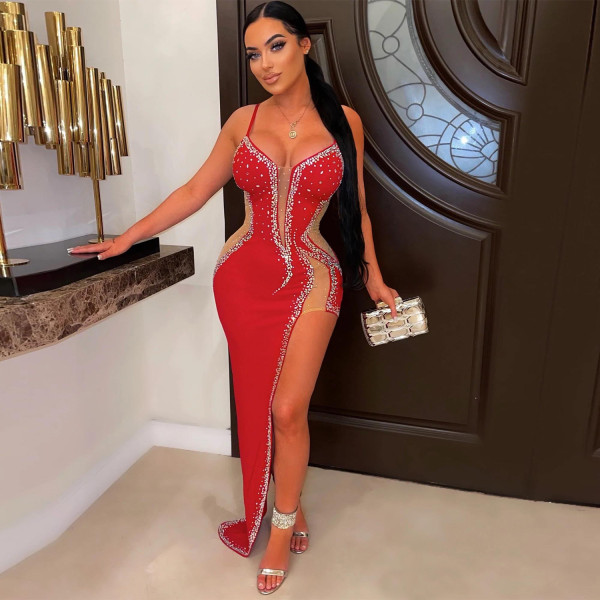 Women's Fashion Sexy Mesh Hot Diamond Irregular Strap Women's Dress