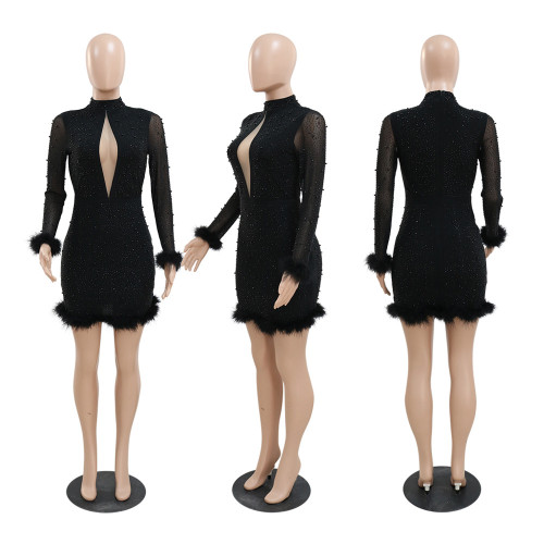 Women's mesh hot diamond long sleeved party dress