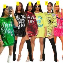 Round neck half sleeve loose beaded printed dress for women's party sequins