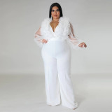 Sexy Deep V Solid Large Jumpsuit Perspective Long Sleeves