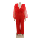 Sexy Deep V Solid Large Jumpsuit Perspective Long Sleeves