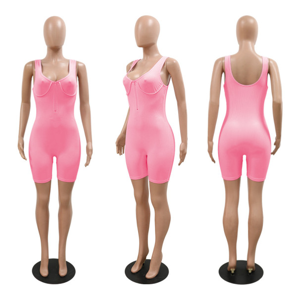 Fashionable, Sexy, Casual V-Neck Zipper Back Leakage Tight Solid Color jumpsuit