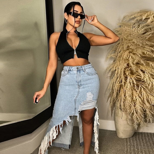 Fashionable and Personalized Denim Wash Pocket Split Tassel Skirt