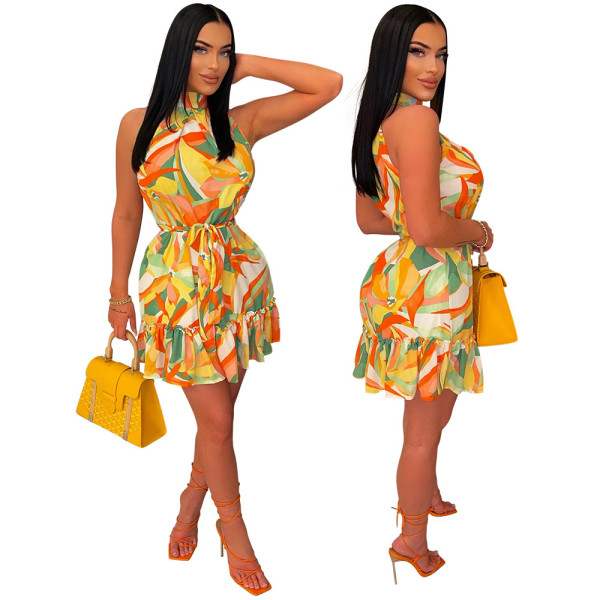 Fashionable digital printed hanging neck dress with irregular hem