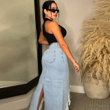 Fashionable and Personalized Denim Wash Pocket Split Tassel Skirt