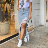 Fashionable and Personalized Denim Wash Pocket Split Tassel Skirt