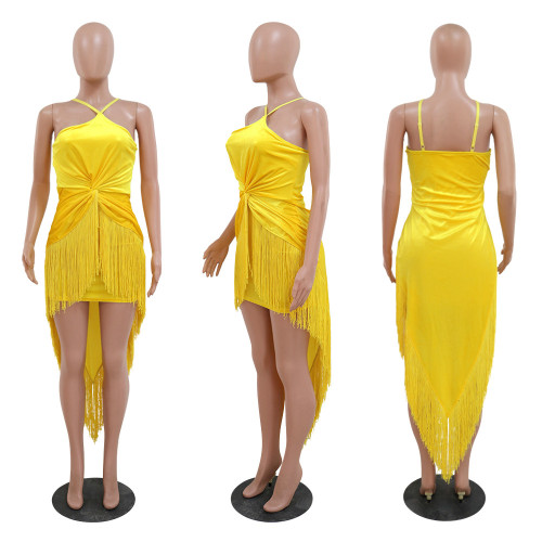 Fashion Irregular Tassel Solid Color Dress