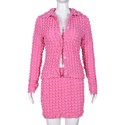 Women's Set Hollow Bubble Cloth Sexy Long Sleeve Short Skirt High Elastic Two Piece Set