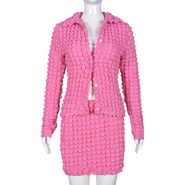 Women's Set Hollow Bubble Cloth Sexy Long Sleeve Short Skirt High Elastic Two Piece Set