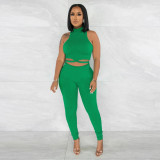 Fashion Solid Sleeveless Short Top Slim Fit Pencil Pants Casual Two Piece Set