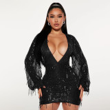 Women's sexy V-neck beaded fringe dress short skirt