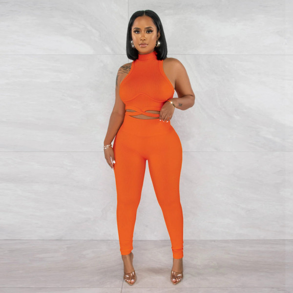 Fashion Solid Sleeveless Short Top Slim Fit Pencil Pants Casual Two Piece Set