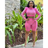 Women's Sexy Tight Mesh Perspective Long Sleeve Hot Diamond Two Piece Pant Set