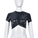 PU leather round neck exposed navel versatile tight solid color short sleeved top