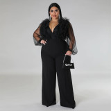 Sexy Deep V Solid Large Jumpsuit Perspective Long Sleeves