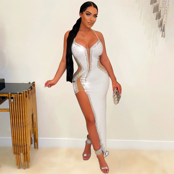 Women's Fashion Sexy Mesh Hot Diamond Irregular Strap Women's Dress