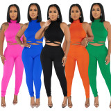 Fashion Solid Sleeveless Short Top Slim Fit Pencil Pants Casual Two Piece Set