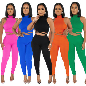 Fashion Solid Sleeveless Short Top Slim Fit Pencil Pants Casual Two Piece Set