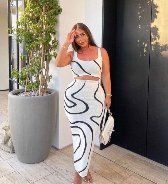 Women's Wave Stripe Open Navel Tank Top Knitted Set Top Open Navel Half Body Long Dress