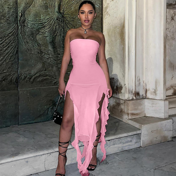 Temperament Wrapped Chest Mesh Panel Ruffle Edge Split Dress