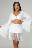 Half length skirt set with tassel solid mesh sexy nightclub two-piece set