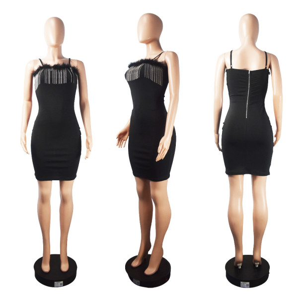 Fashionable hip wrap skirt, feather tassel, solid color suspender, new party dress