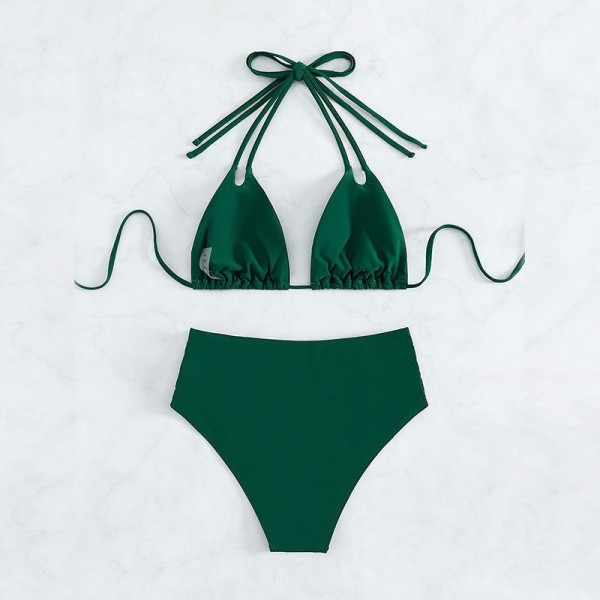 Solid Color Sexy Beauty Hanging Neck Triangle Cup Bikini Swimsuit High Waist Split Swimsuit