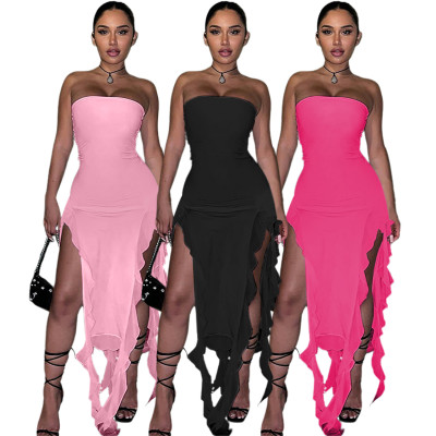 Temperament Wrapped Chest Mesh Panel Ruffle Edge Split Dress