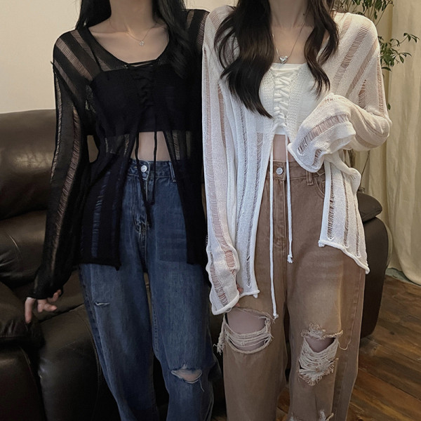 Thin Sexy Spicy Girl Hollow V-neck Loose Long Sleeve Knitted Sweater